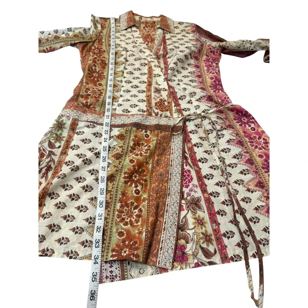 Vintage Y2K Drop Waist Boho Wrap Tunic Dress M Festival Hippie 100% Cotton USA